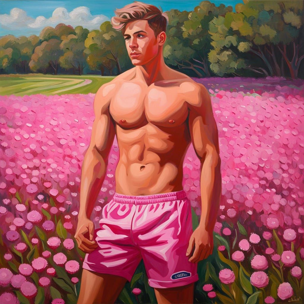 Young Man in Pink Flower Field, Impasto Oil Painting