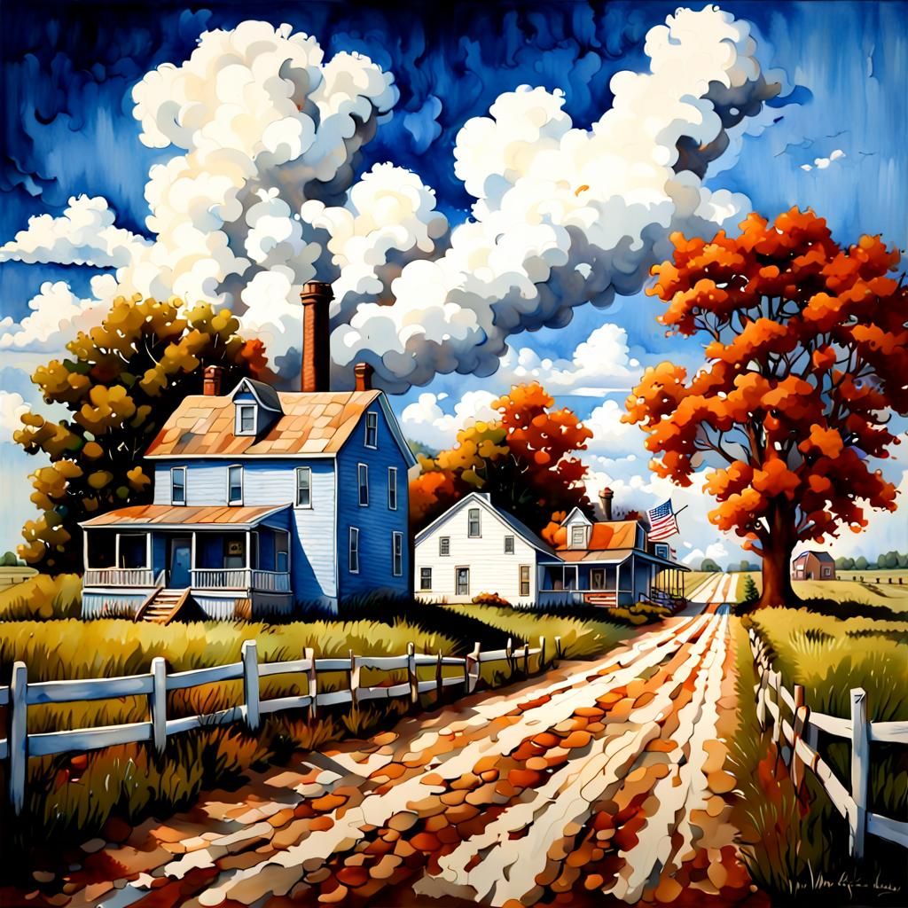 Rural Midwest Town in Americana Watercolor Painting