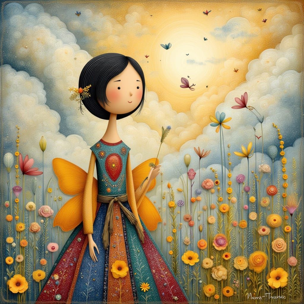 modern fairytale painted on aged paper: exaggerated whimsica...