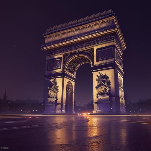 Arc de Triomphe at Night in Detailed Matte Painting