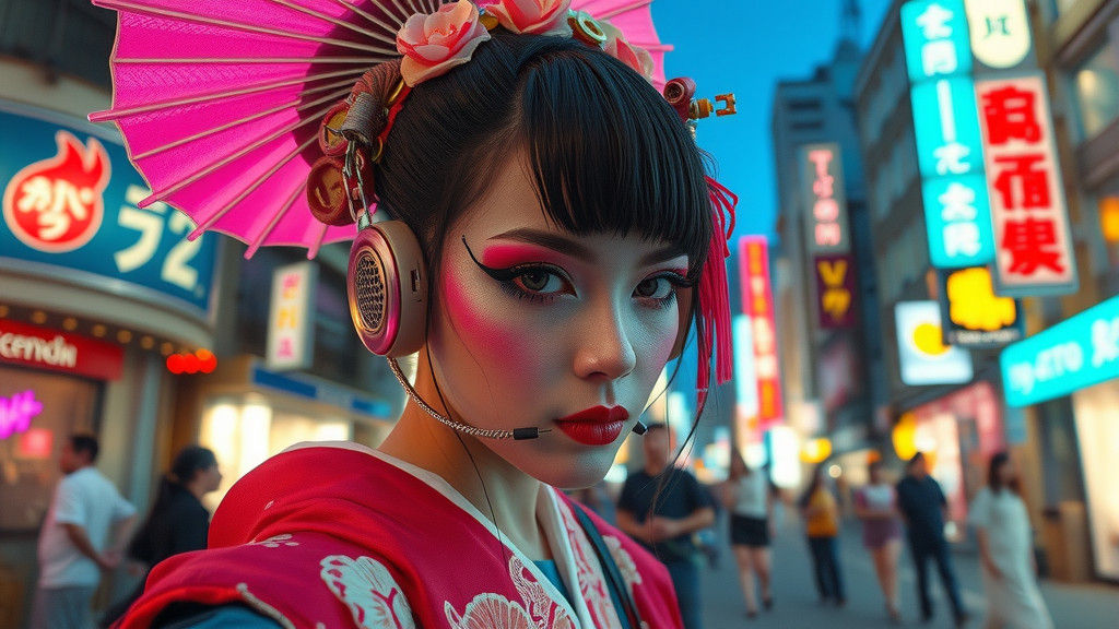 Cyberpunk Geisha Illuminated by Neon Hues
