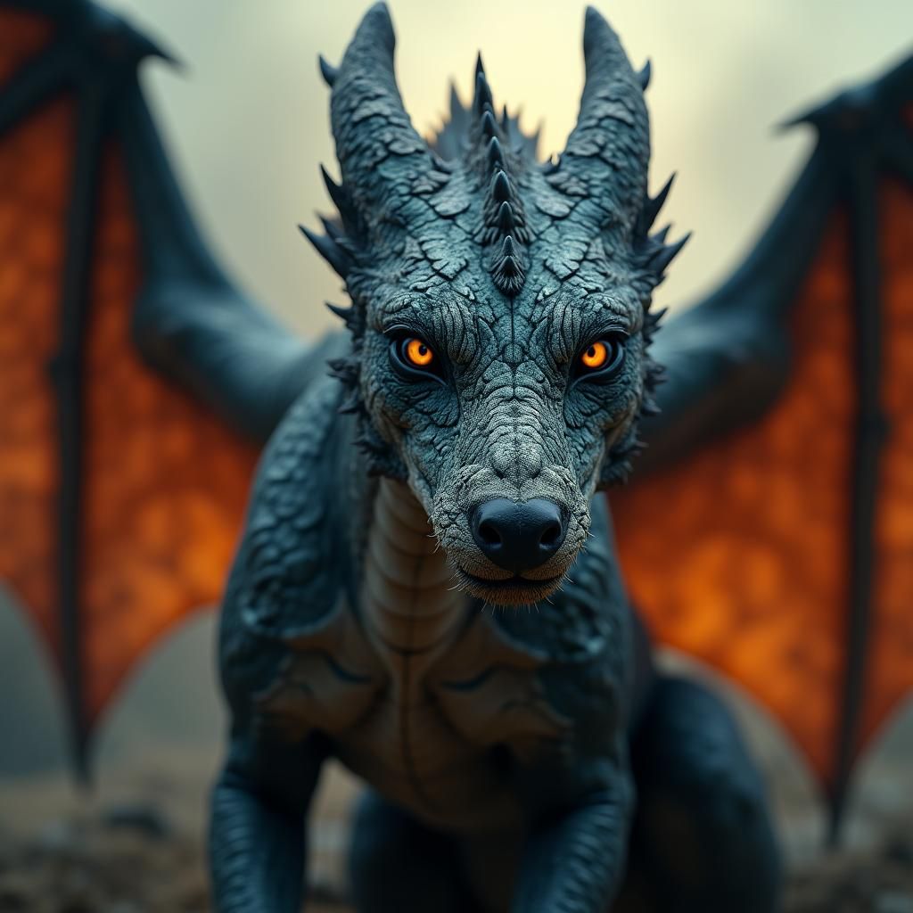 Dragon with Blue Heeler Dog Face in Cinematic Style