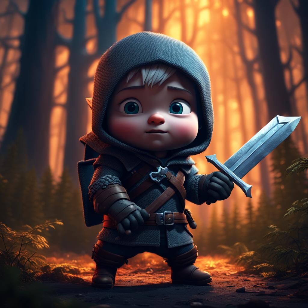 Cute Baby Witcher with Sword: 3D Digital Art