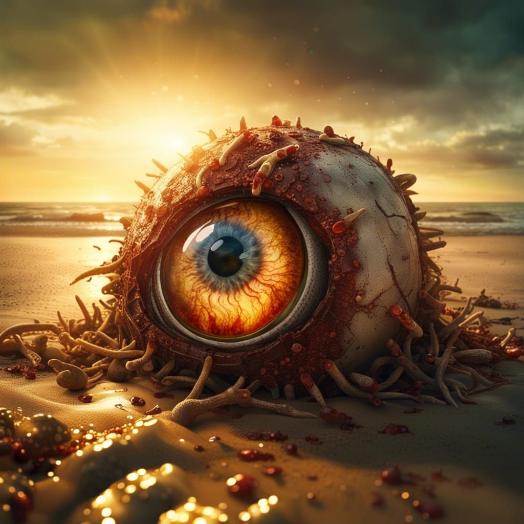 Decomposing Eyeball Washed Ashore in Golden Hour