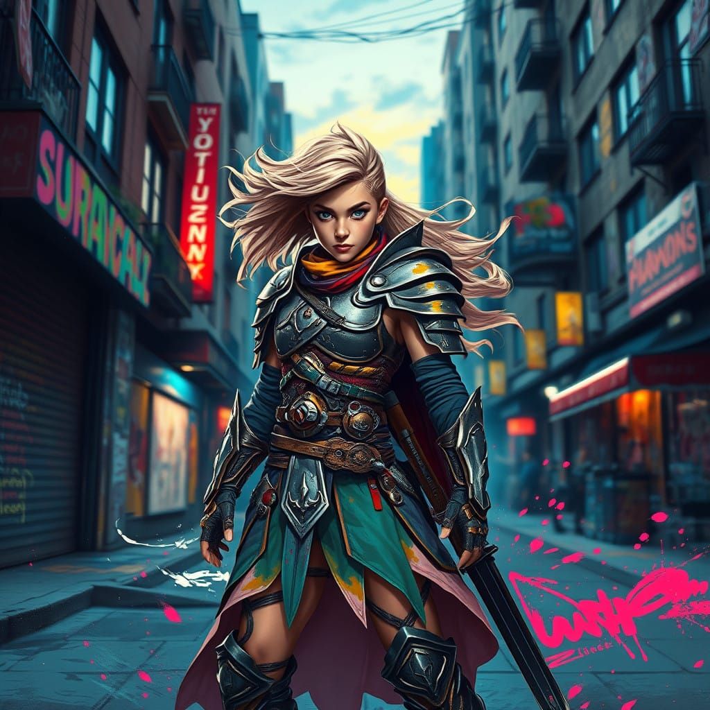 Vibrant Warrior Maiden in Street Art-Inspired Armor