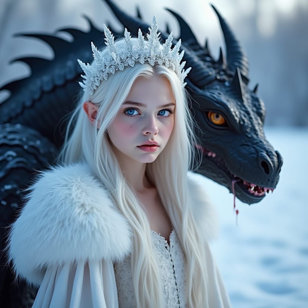 Winter Queen and Dragon in Snowy Field
