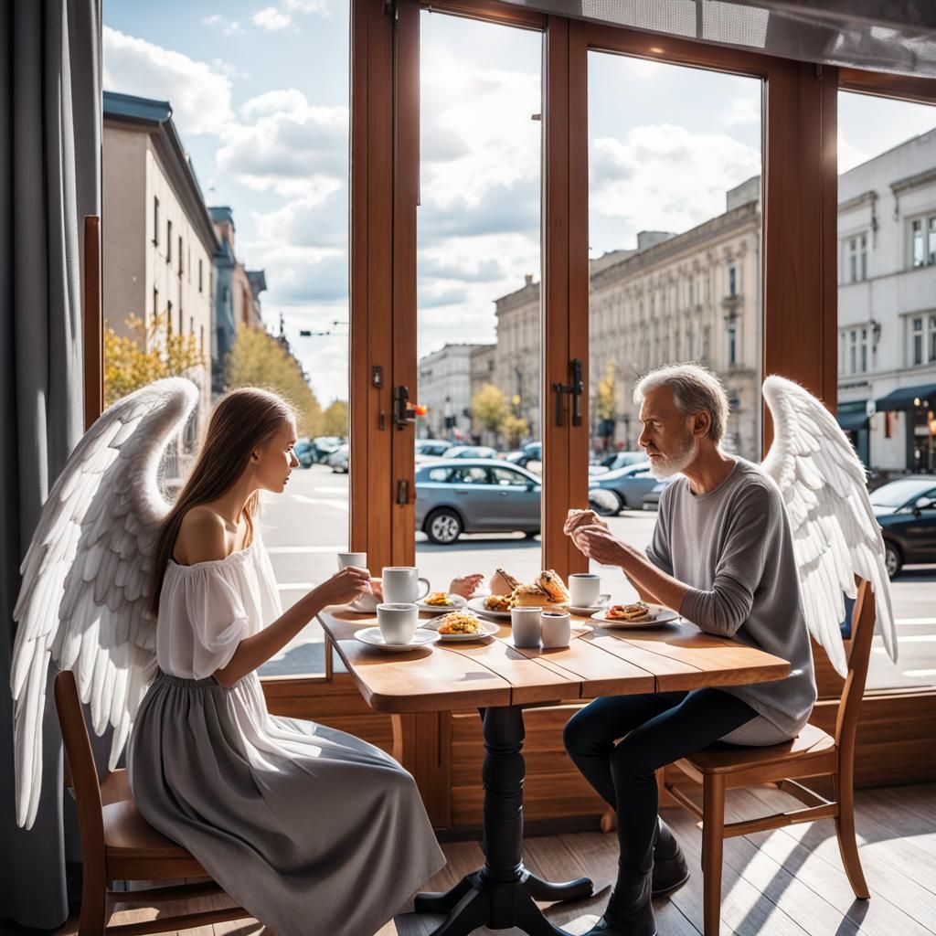 Angels Enjoying Lunch in City Cafe