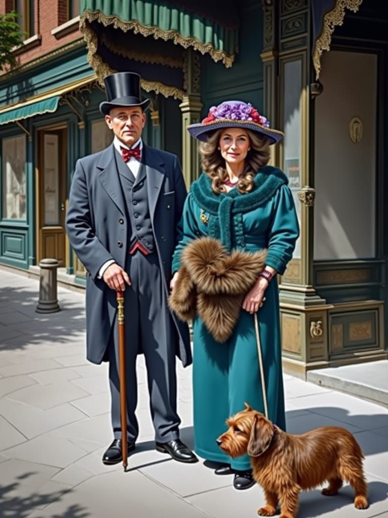 Elegant Edwardian Couple in Victorian City Street