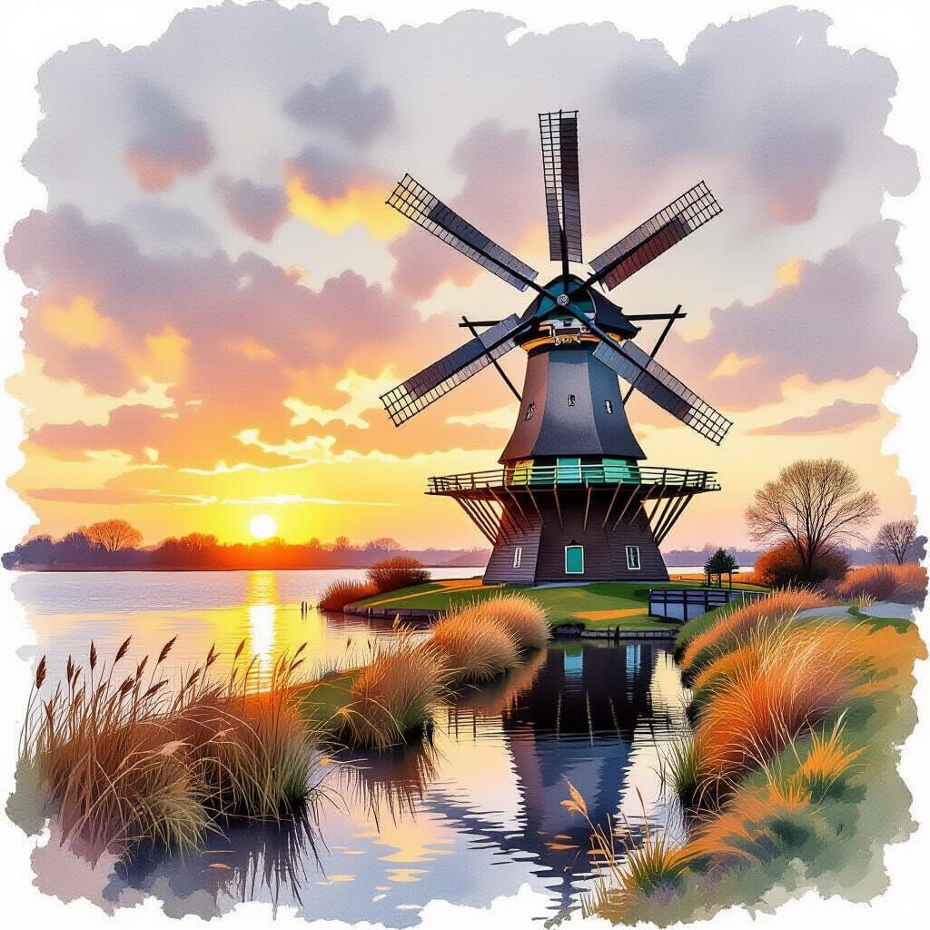 Old Dutch Windmill on a dike at Autumn Sunset. fine-tuned st...