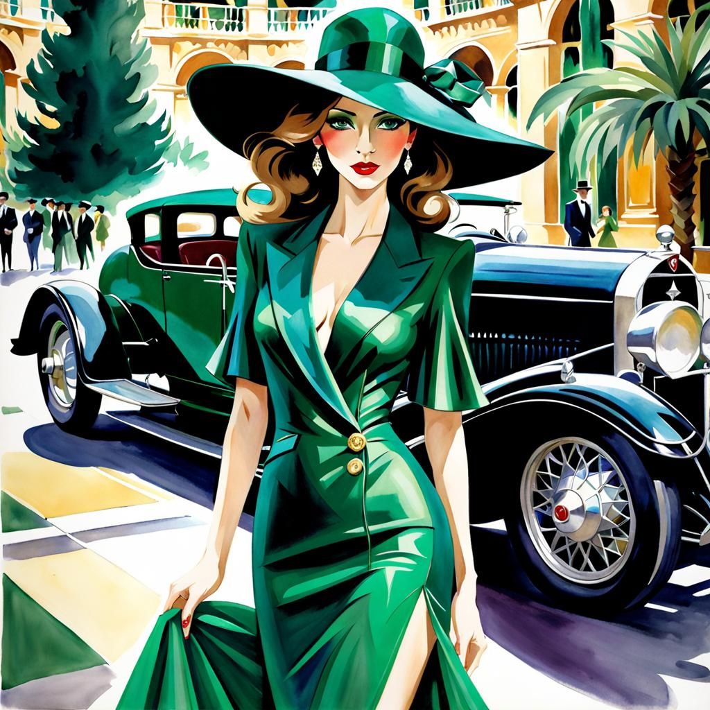 Art Deco Woman with Green Racecar in Cubist Style