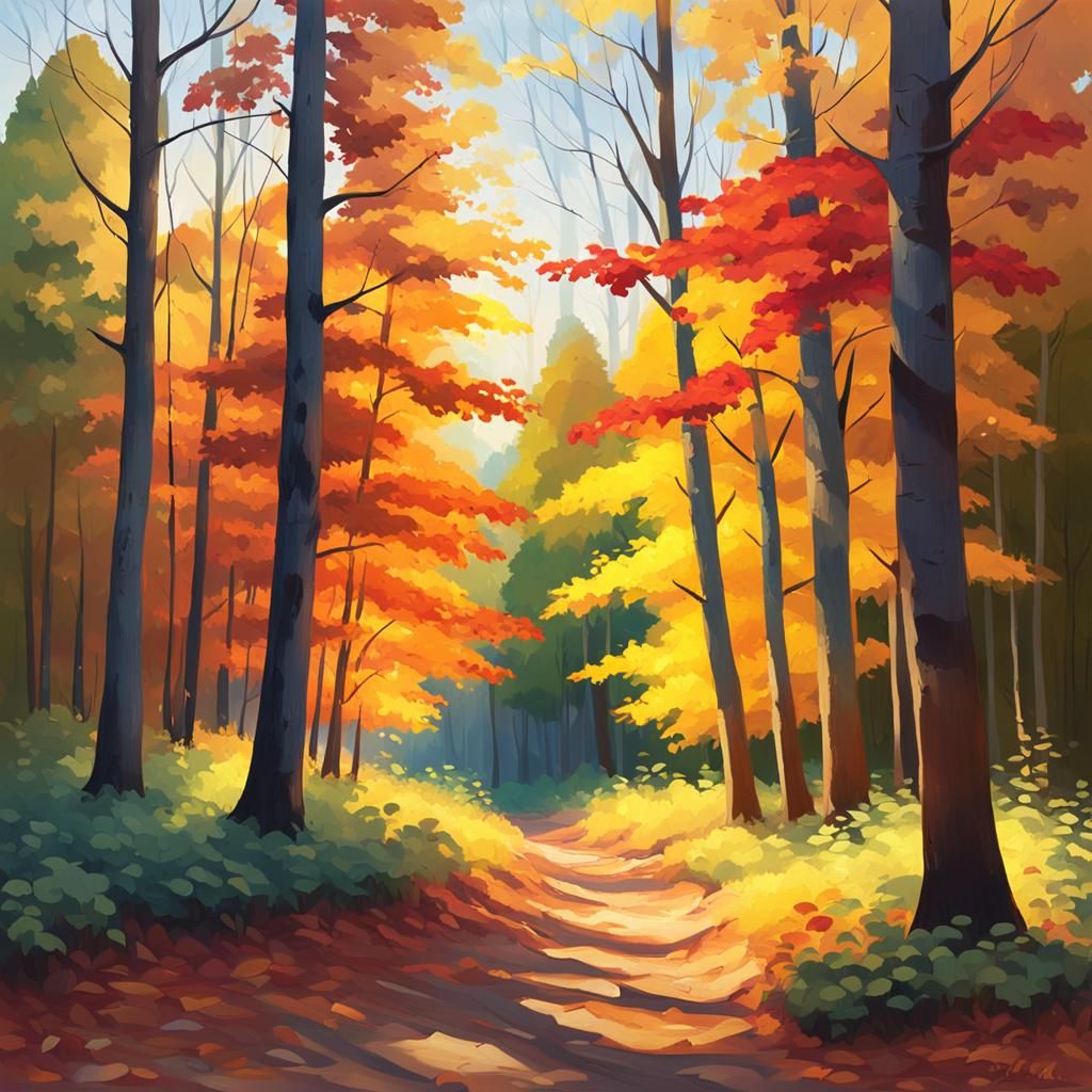 Impressionist Autumn Forest in Golden Light