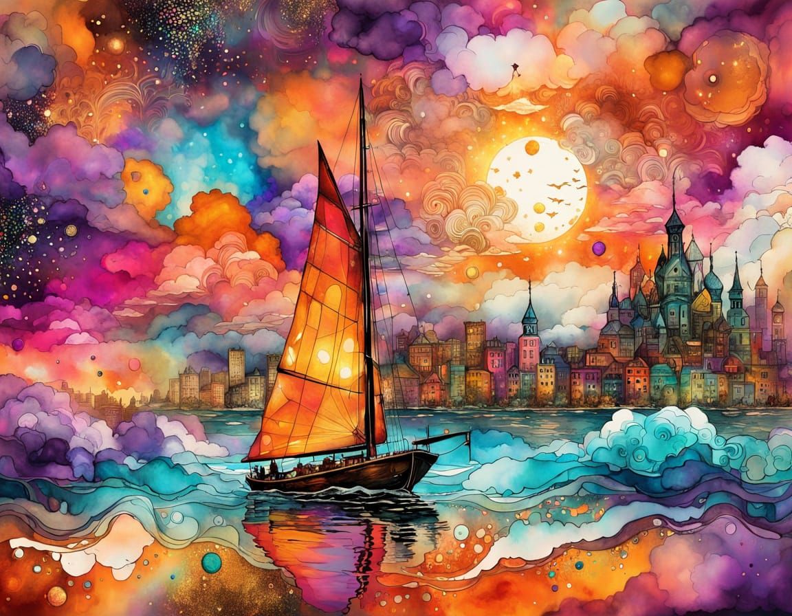 Melting Clouds Sunset Harbor in Abstract Watercolor