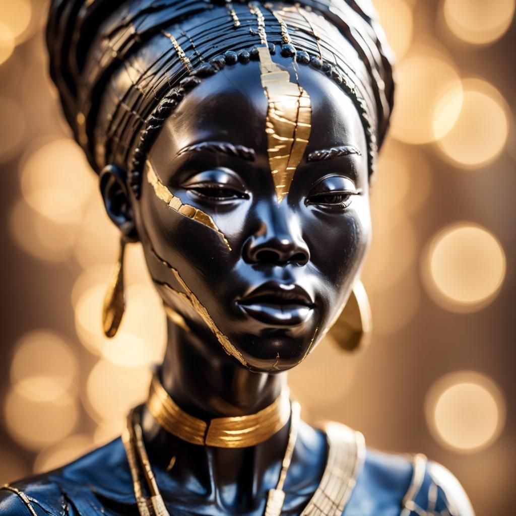 Ebony Kintsugi Sculpture: African Female Portrait