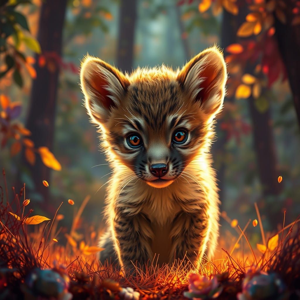 Hyperrealistic Cub Illuminated in a Vibrant Forest