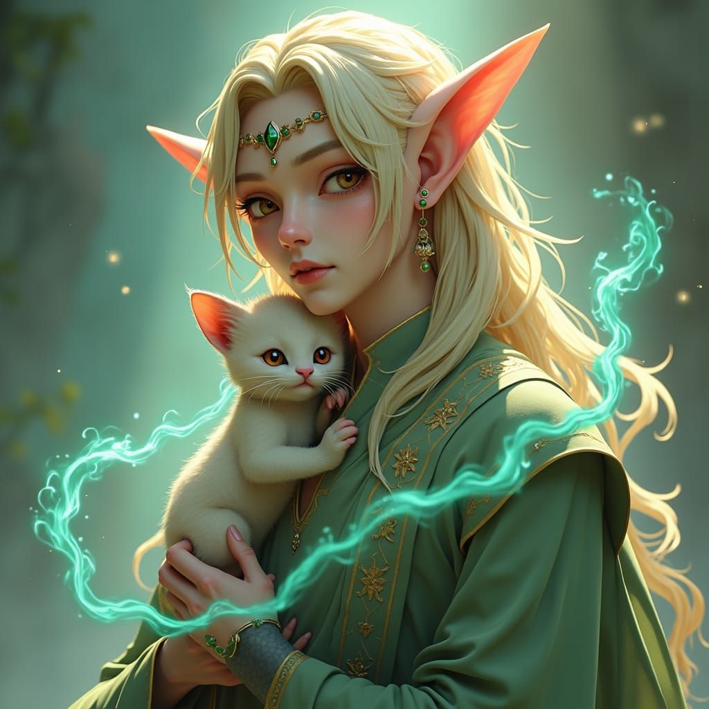 High Elf with Displacer Beast Kitten in Anime Style