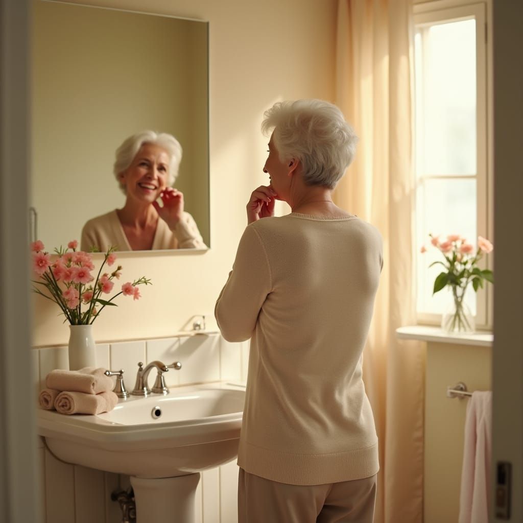 Serene Elderly Woman in Cozy Bathroom, Warm Light and Soft F...