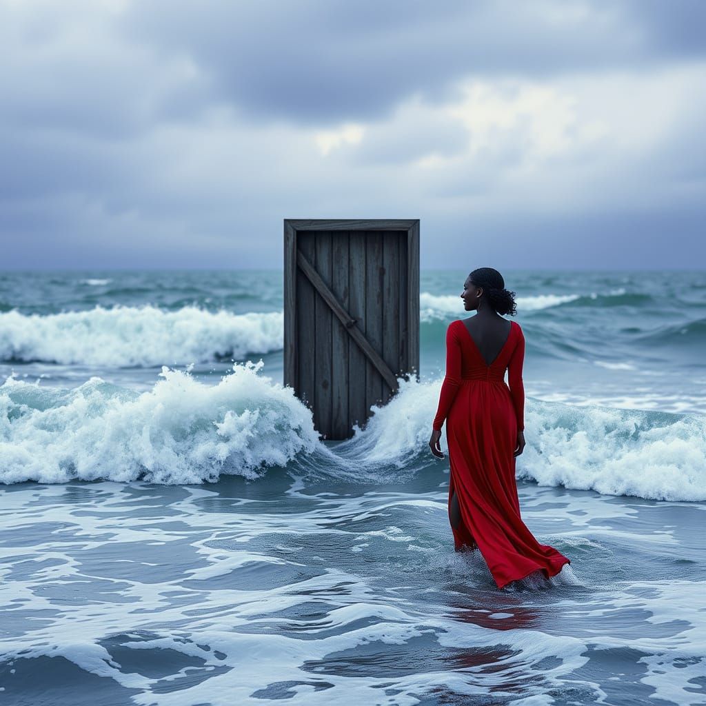 Woman in Red Dress at Ocean Door, Surreal