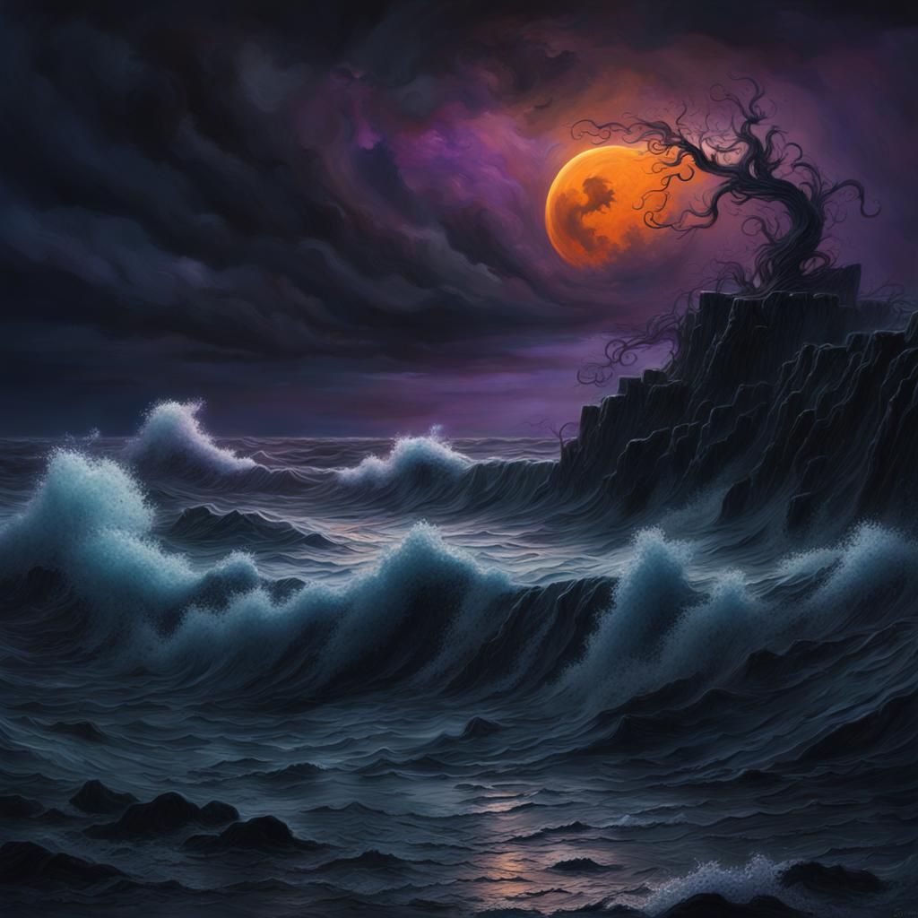 Stormy Sea Under Black Moon in Dark Fantasy Style