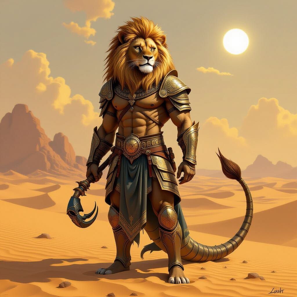 Humanoid Lion Creature in Persian Desert, Fantasy Art