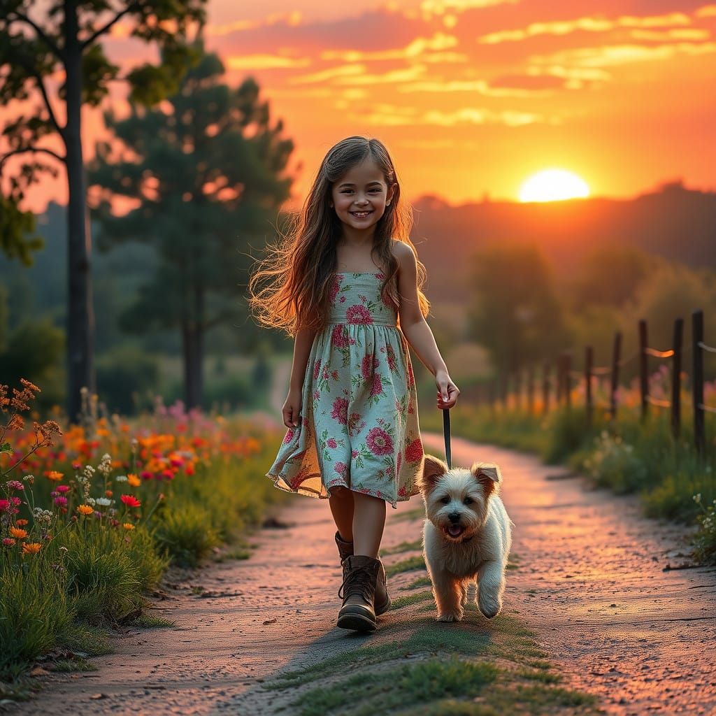 Serenity in Sunset Countryside with Girl and Dog