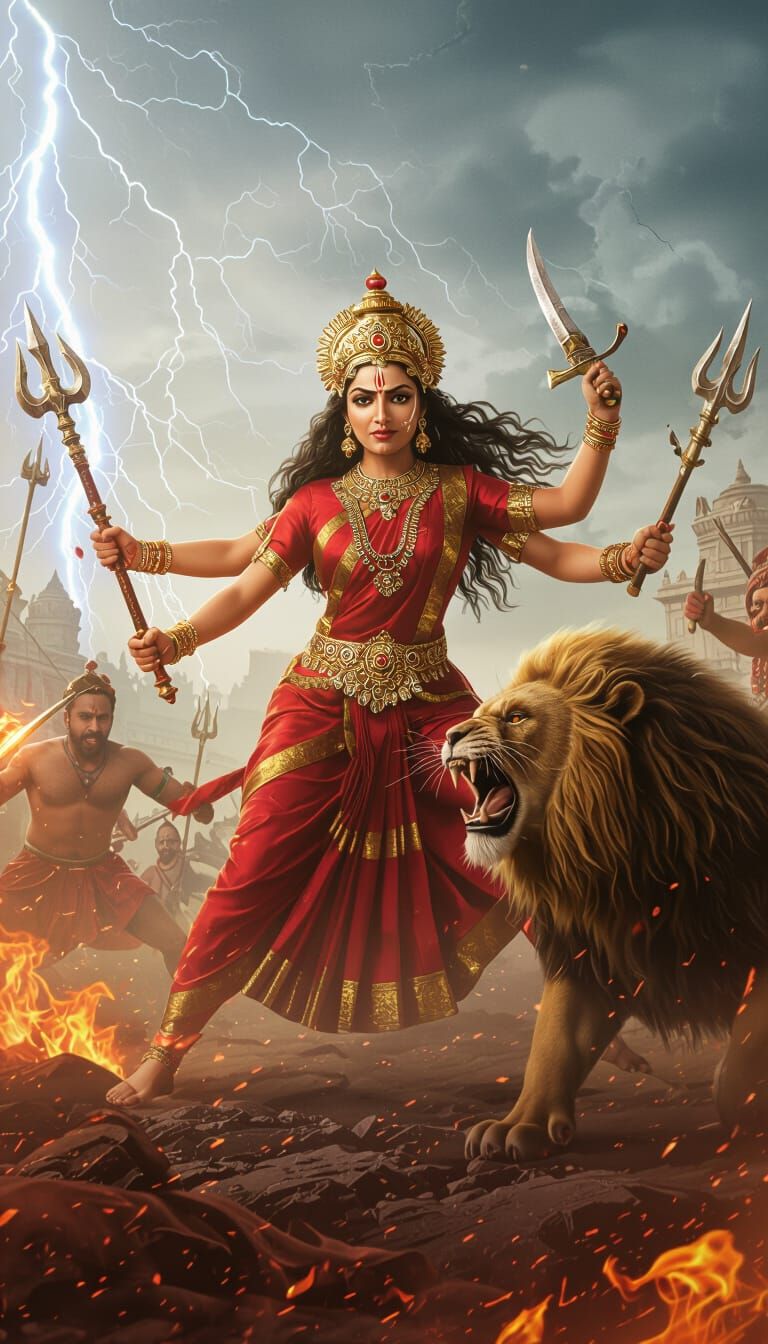 Goddess Durga Battles Demons in Epic Realistic Action Shot