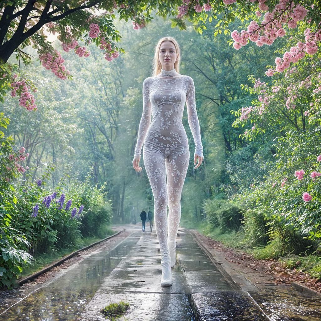 Ethereal Girl Walking in Spectral Garden