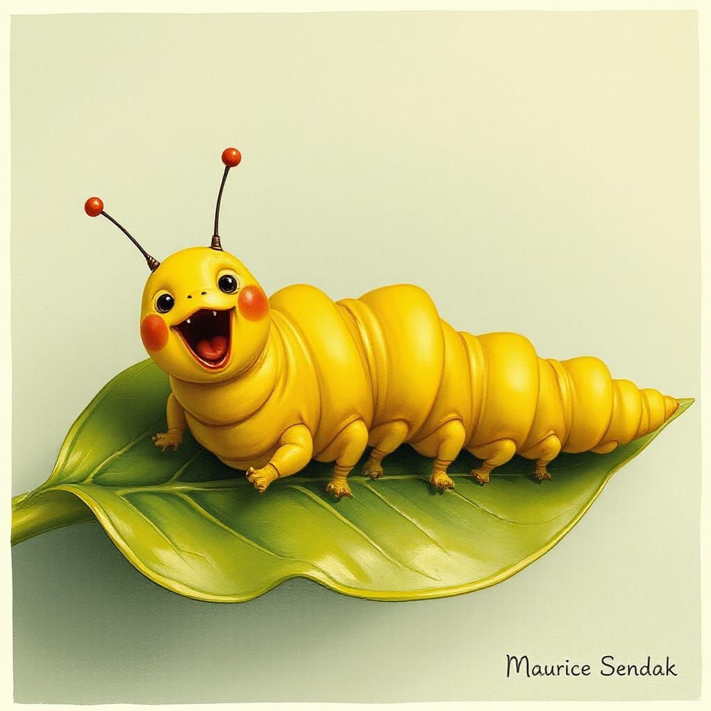 A cute excited anthropomorphic caterpillar wriggling on a le...