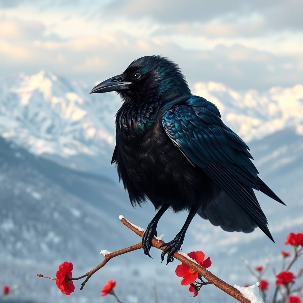 Ethereal Crow Amidst Winter Wonderland in Whimsical Art Styl...