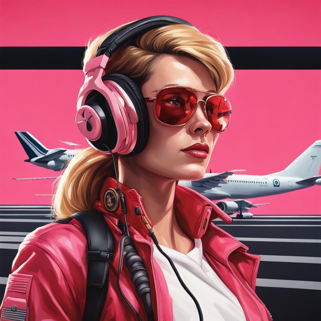 Sci-Fi Pilot in Pin-Up Style with Airport Background