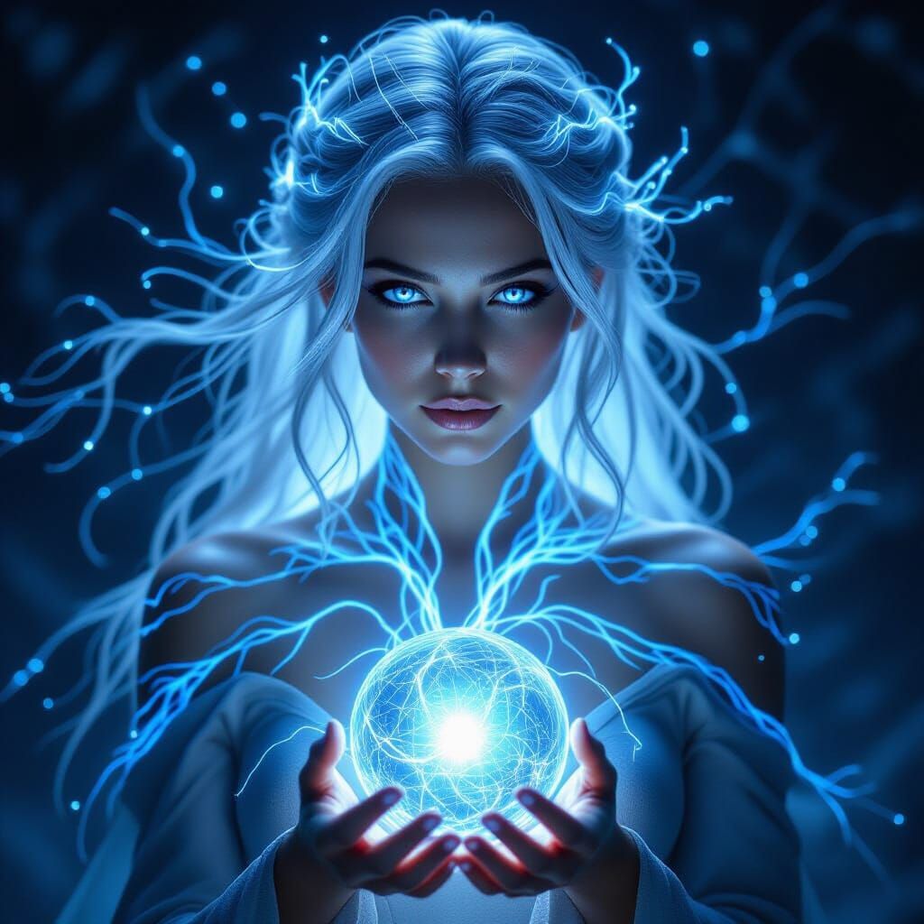 Ethereal Woman With Glowing Blue Energy and Living Light Hai...