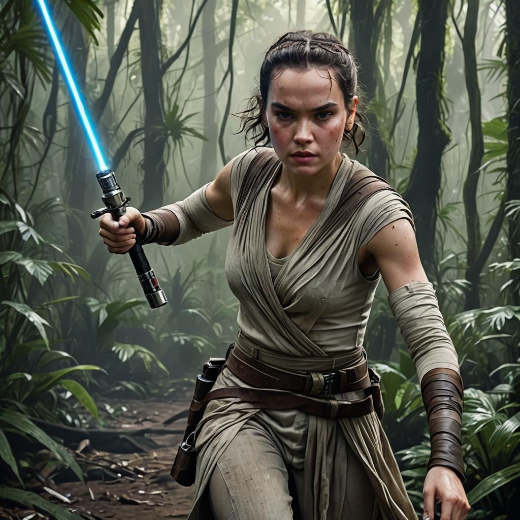 Rey Skywalker in Dark Jungle with Lightsaber