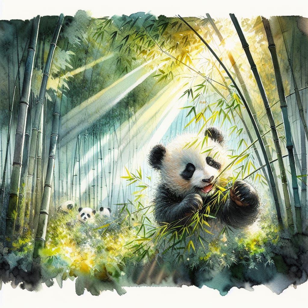 Joyful Panda Cub Plays in Vibrant Bamboo Forest