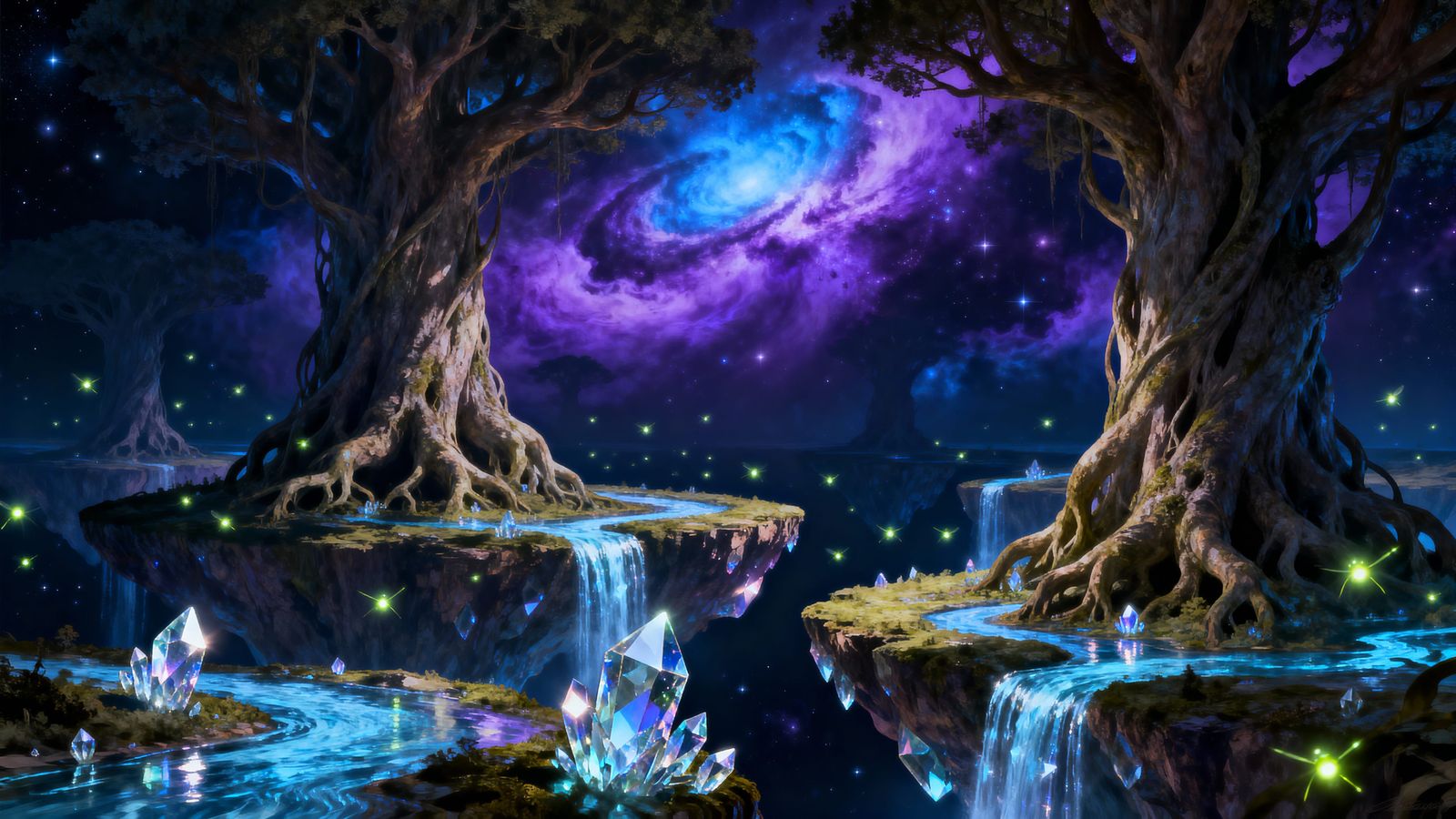 Ancient Tree Islands in Nebula Sky