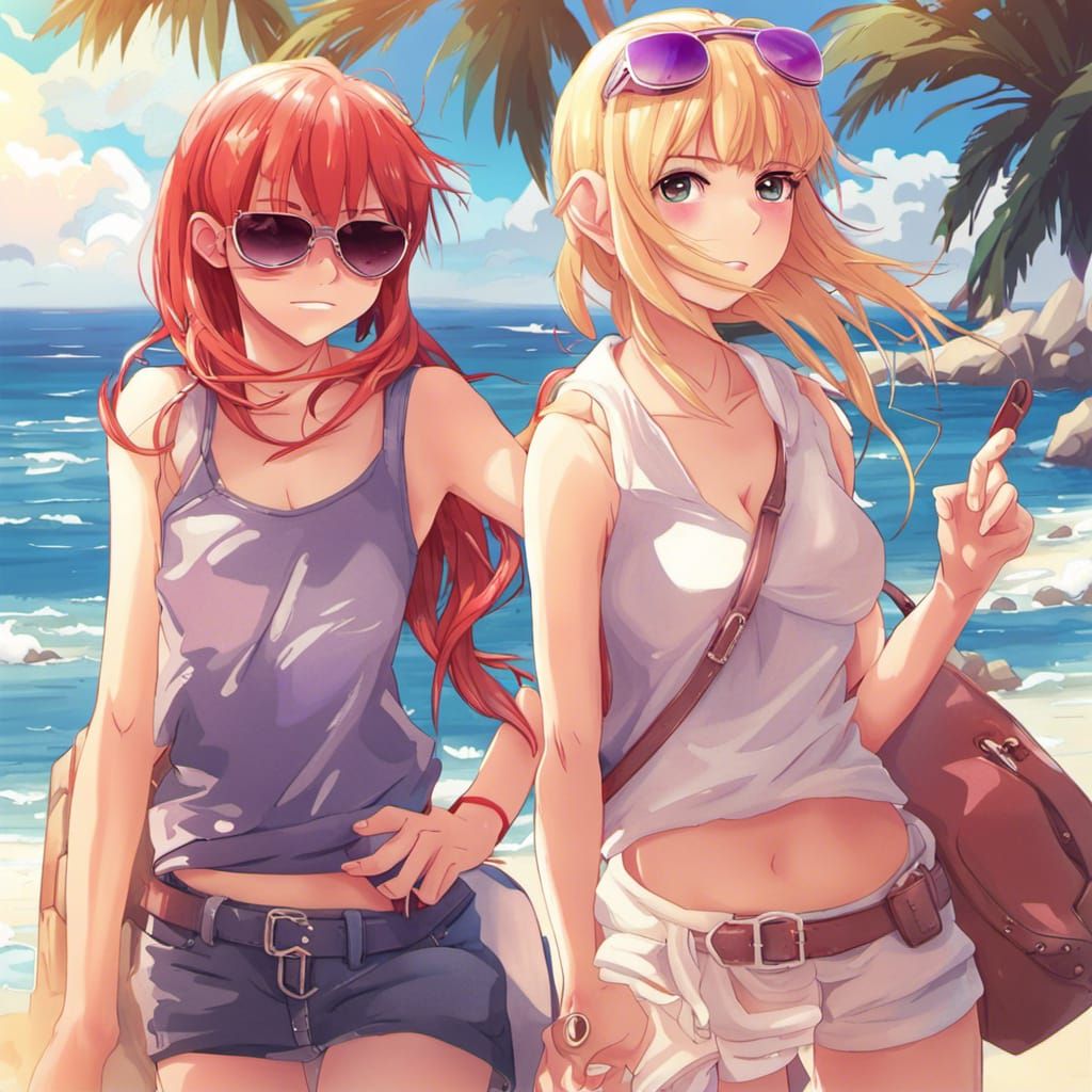 Anime-Style Redhead and Blonde at the Beach
