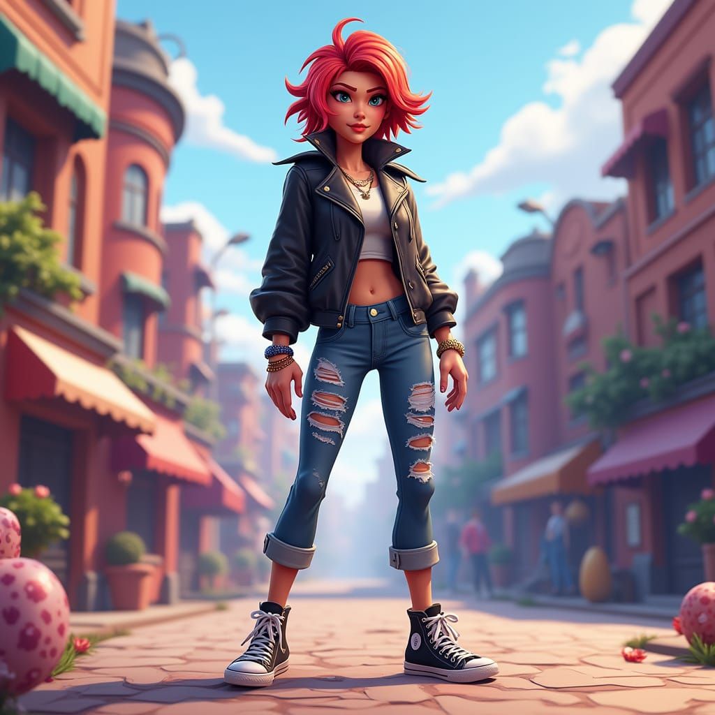 Vibrant Fortnite Grandma with Fiery Red Hair in Cel-Shaded S...