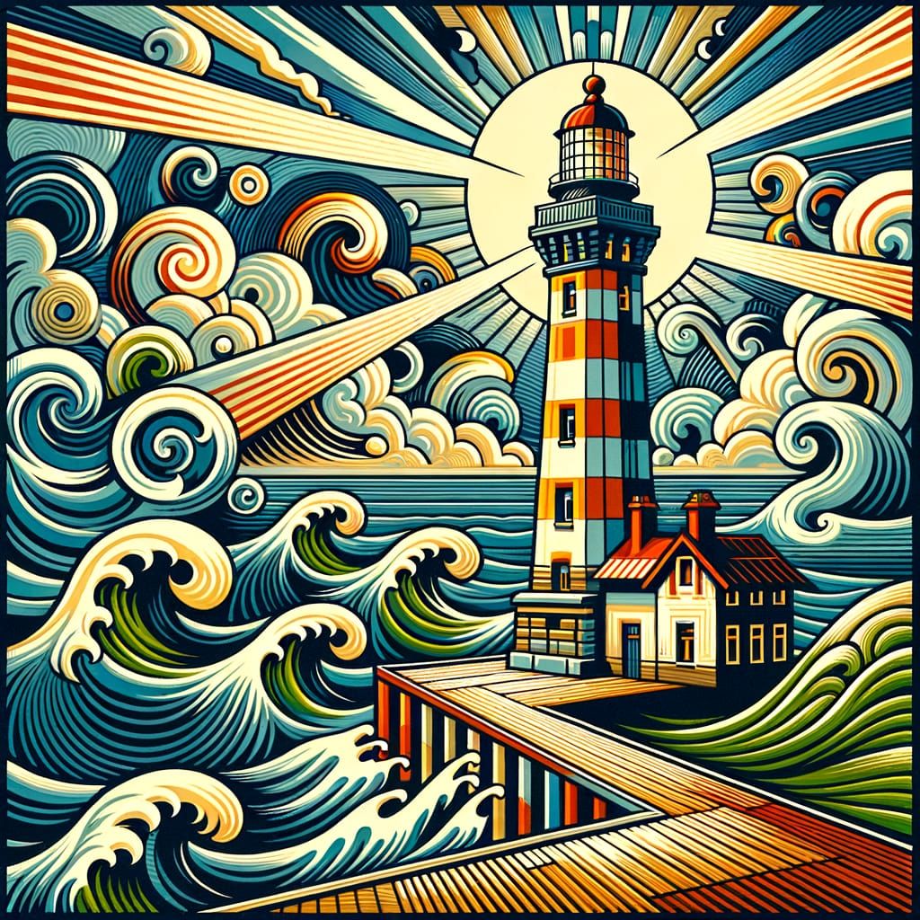 Mid-Century Pop Art Lighthouse on Stormy Sea