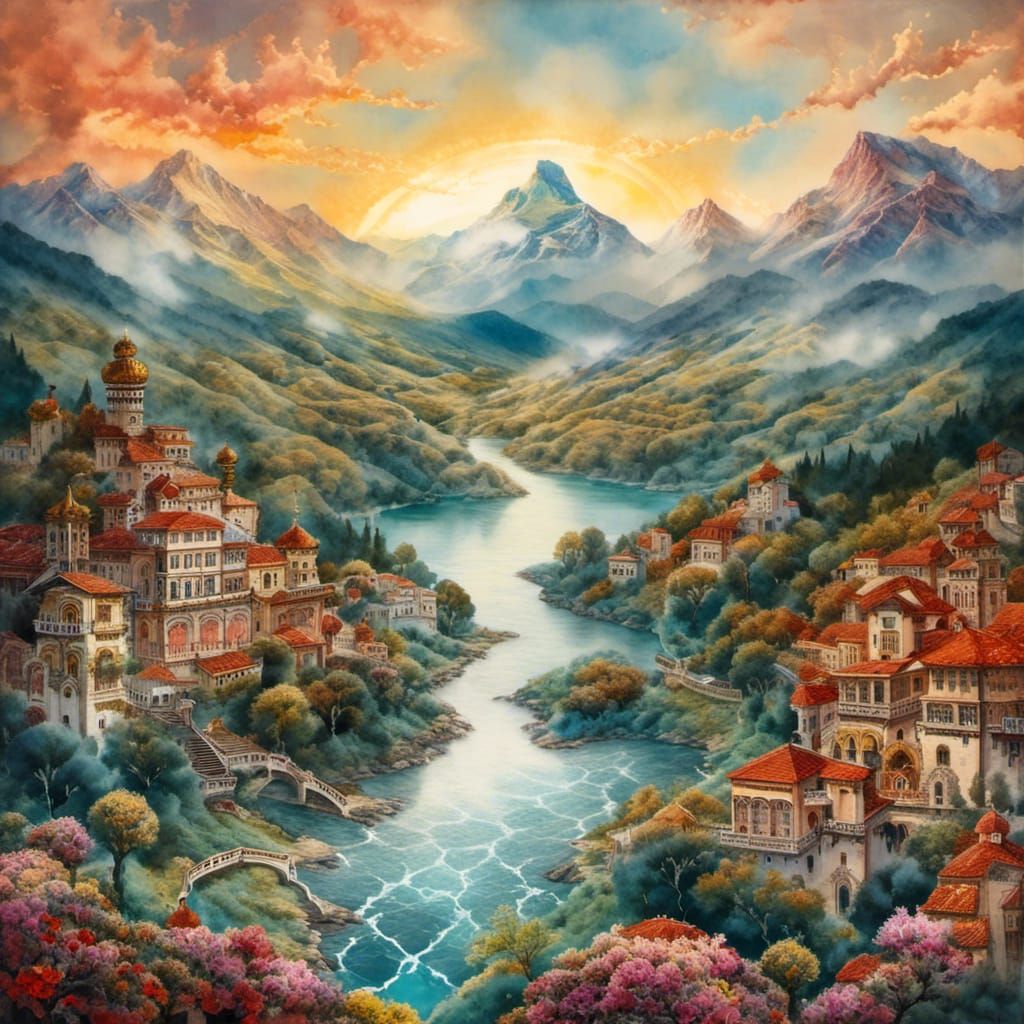 Fantasy Landscape Double Exposure in Watercolor Style