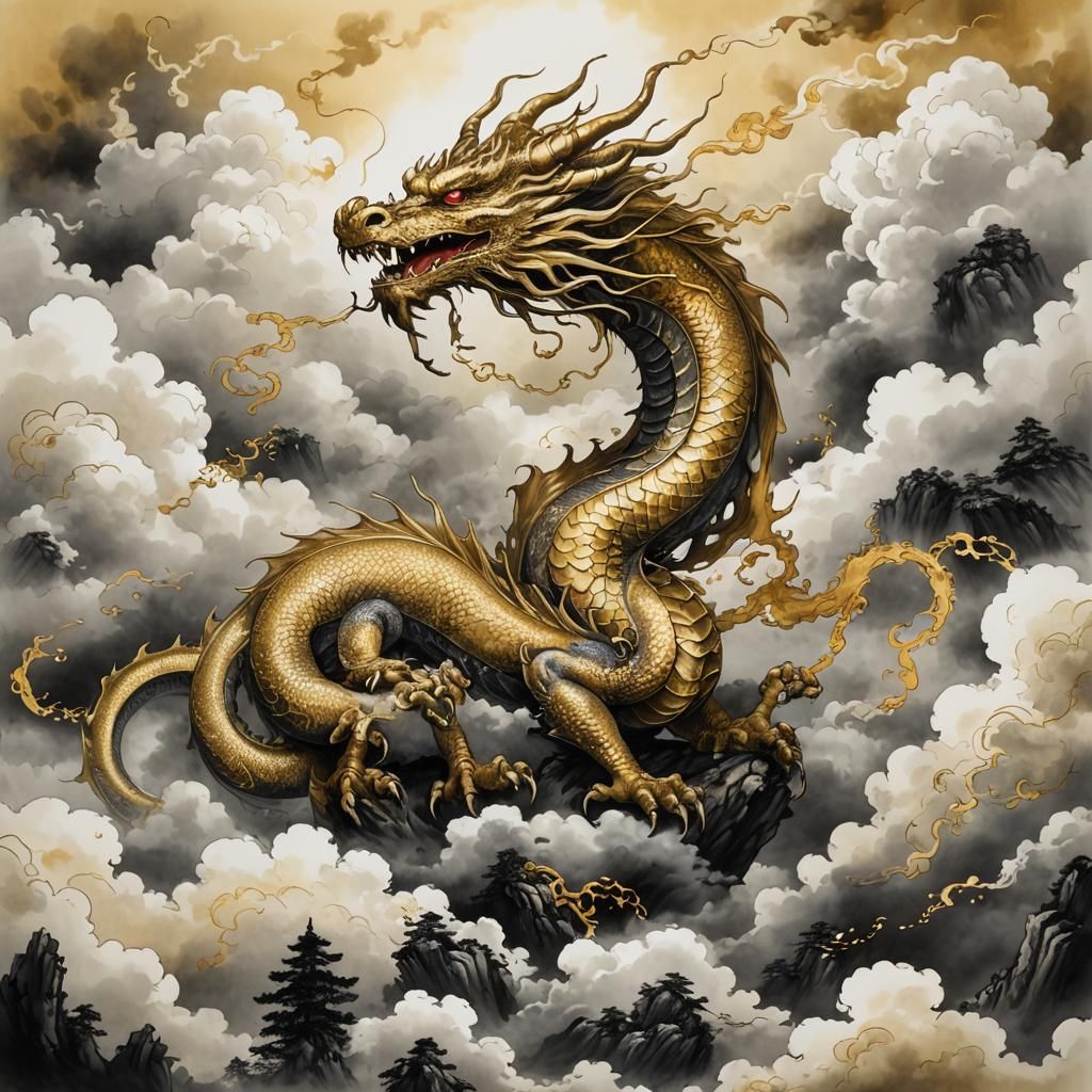 Golden Dragon in Clouds Ink Painting