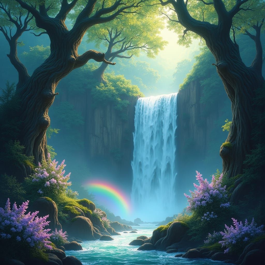 Ethereal Forest with Luminescent Trees and Waterfall