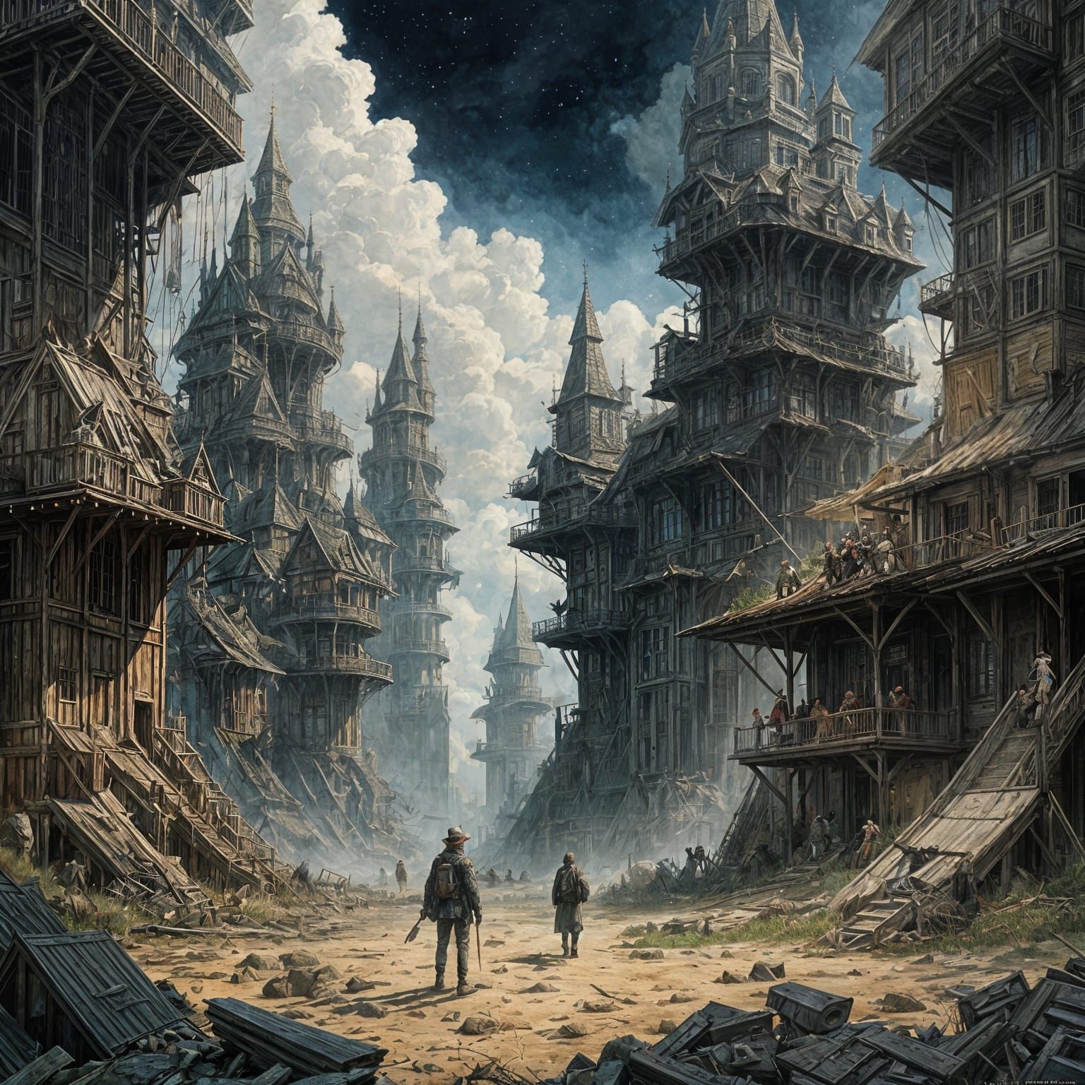 Impressionistic Gouache Painting of Titans in Fog