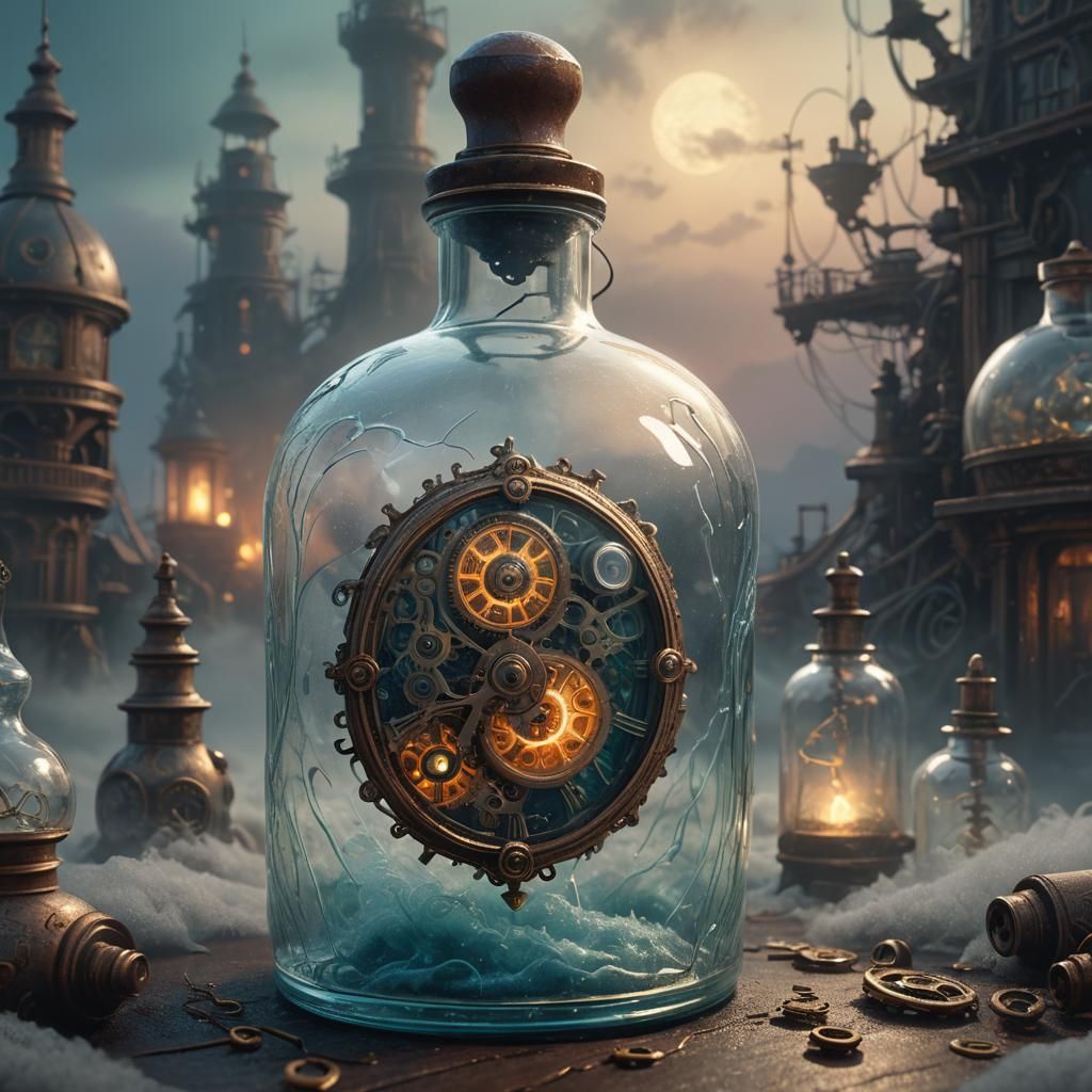 Ornate Bottle Containing Swirling Mist and Clockwork