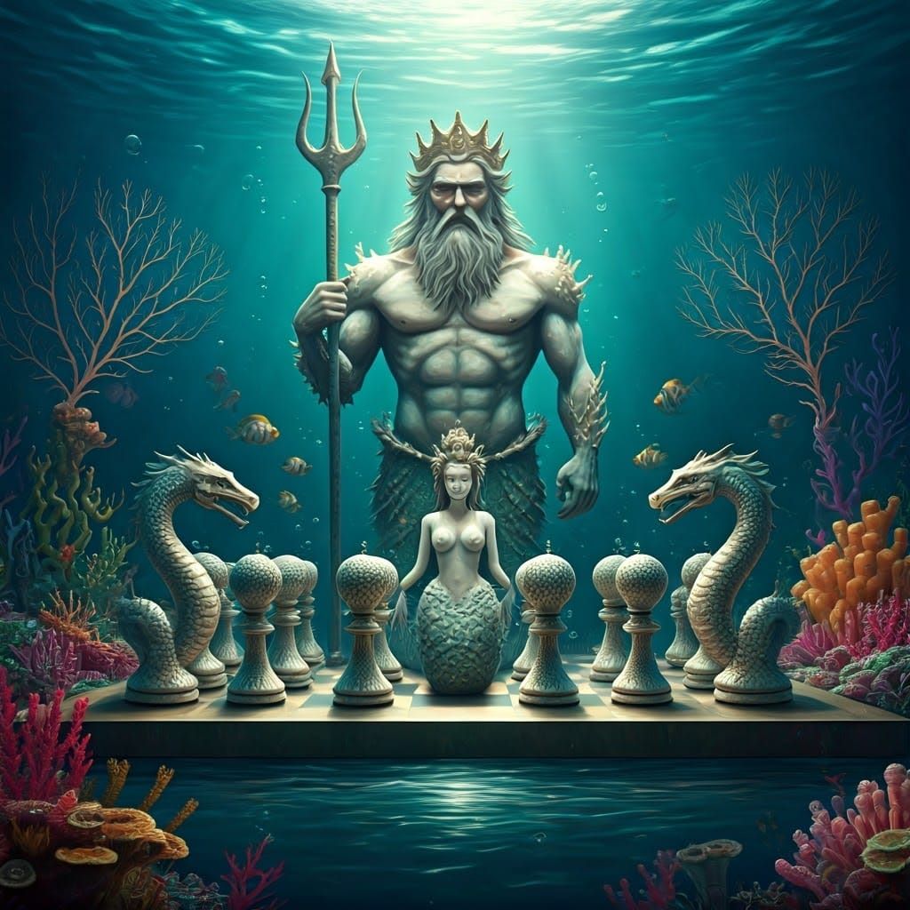 Ocean Chess Set with Neptune and Mermaid Queen