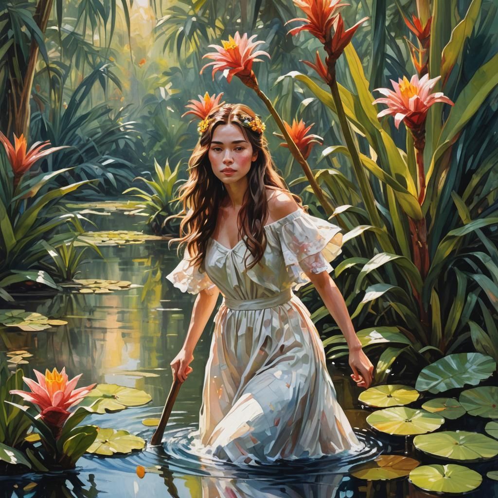 Woman Emerges from Bromeliad in Impressionist Style