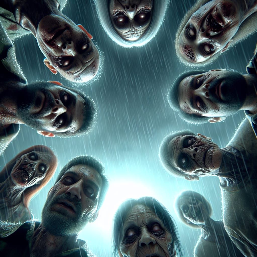 Hyperrealistic Zombies Under Night Rain