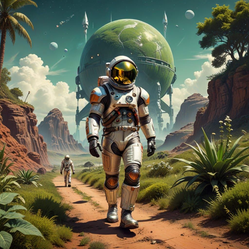 Astronaut on Verdant Alien Planet in Retro-SciFi Style