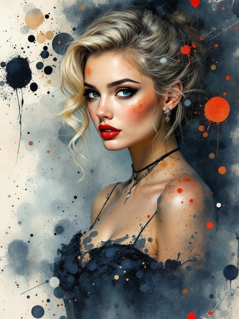 1950s Pin-Up in Whiskey-Splatter Watercolor Style