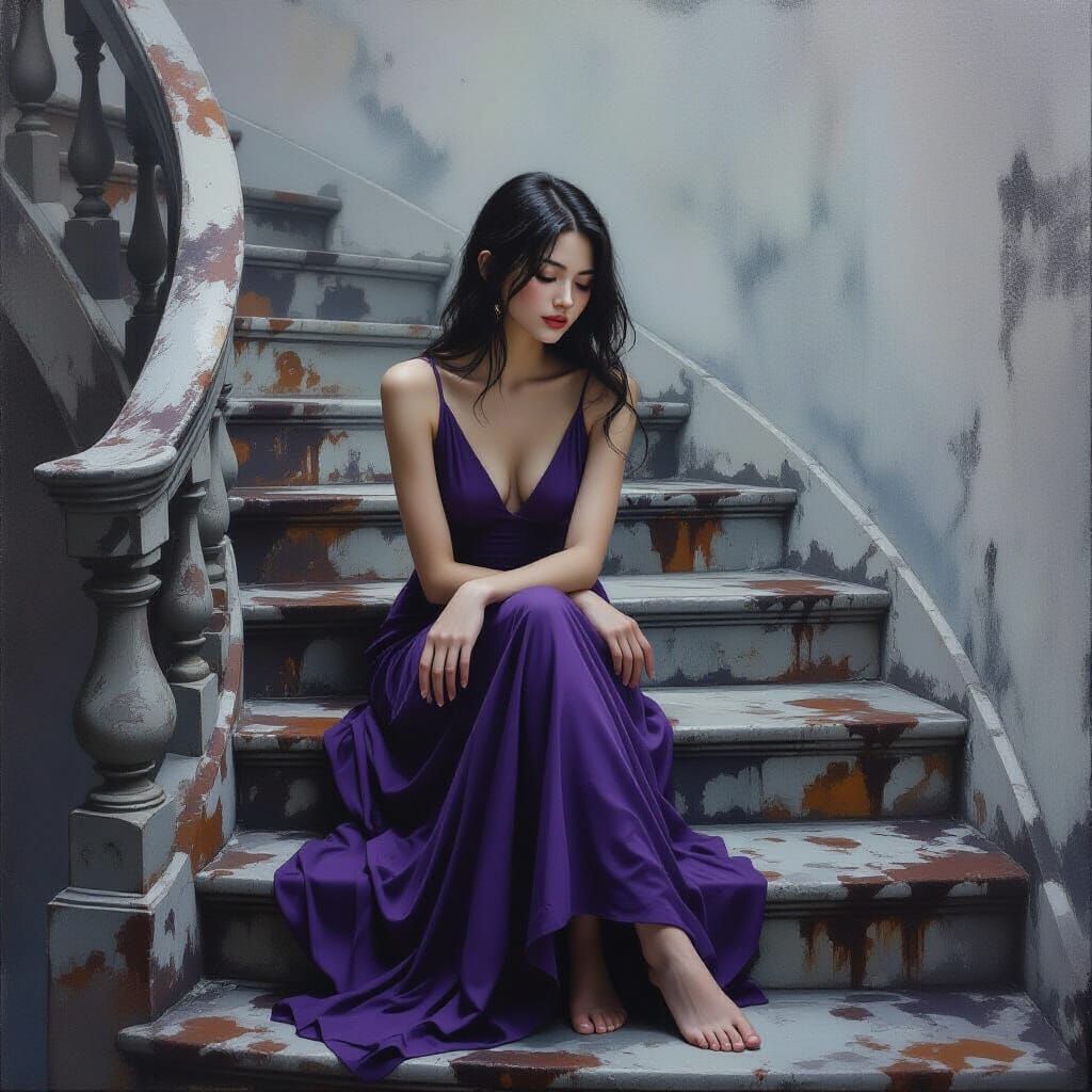 Woman in Purple Dress on Spiral Staircase