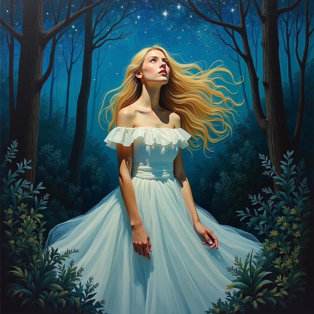 Woman Gazing at Stars in Impressionist Forest