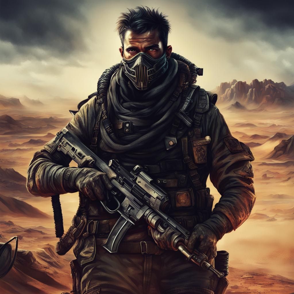 Menacing Soldier in Neon Desert Apocalypse