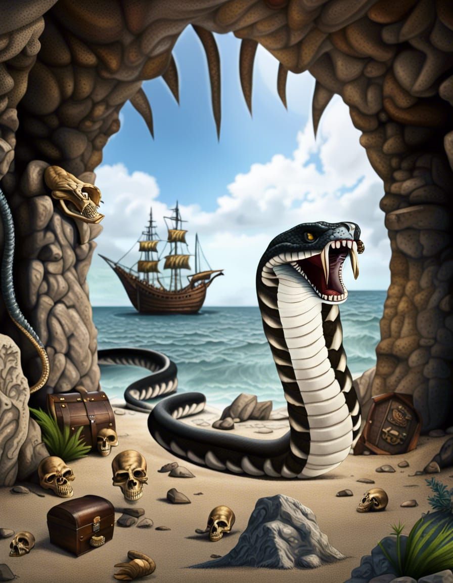 Photorealistic Cobra in Cave with Pirate Ship